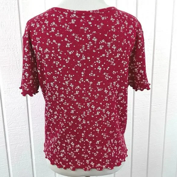 Hollister Ribbed Baby Tee Floral Y2K Fitted T Shirt Red Women L - Picture 4 of 5